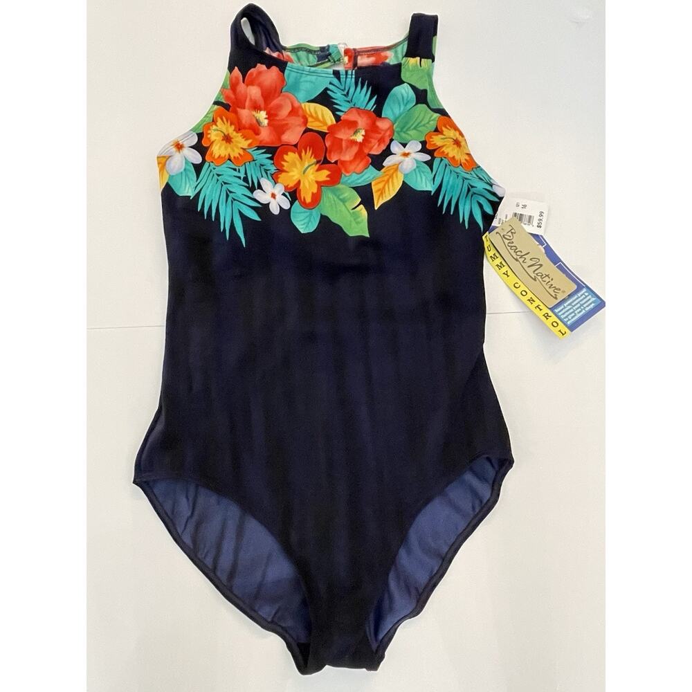 Beach Native Swimsuit Women’s Sz 16 One Piece, Blue with Top Floral